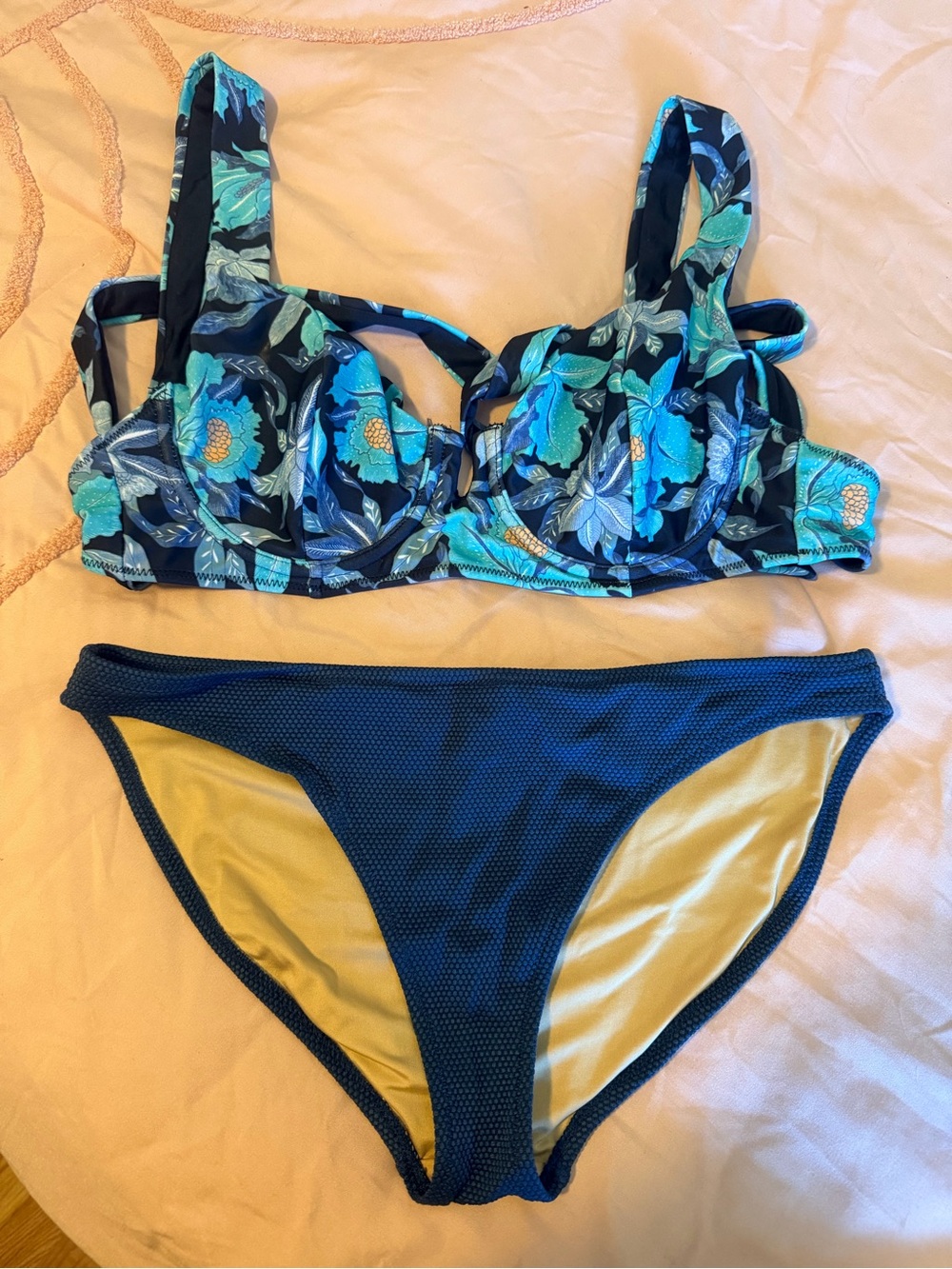 Old Navy Blue Floral Bikini Top and Solid Blue Bikini Bottoms